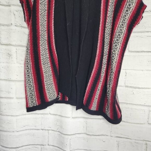 J Jill Women Fair Isle Black Red Open Front Shawl Cardigan M L Poncho Wool - Picture 2 of 13
